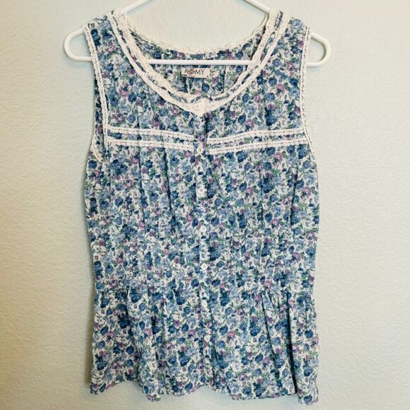 Romy Tops - Romy Blue Purple Vintage Floral Crochet Feminine Button Up Sleeveless Top | XL